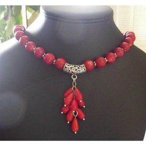 Beautiful 925 Red Bead Necklace Signed FAS - 18" Tribal Dyed Coral